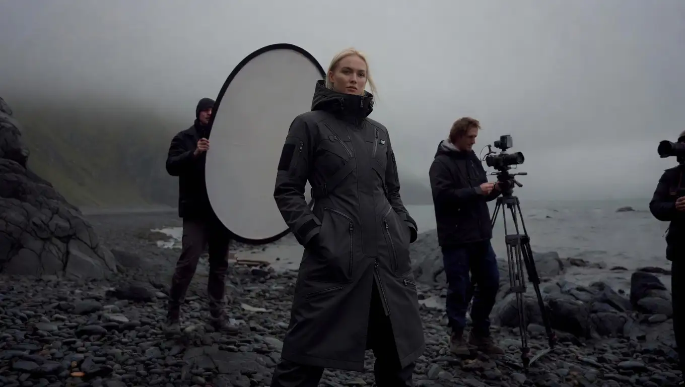 avant-garde editorial northern european minimalist techwear fashion photoshoot on the picturesque Scandinavian coastline adjacent to the Baltic ocean with photography crew and paraphernalia in the background. rugged pebble beach during an overcast, gloomy day. Dramatic dark gray rocky cliffs rise steeply on the left side, with patches of sparse green and brown vegetation clinging to the rock faces. The foreground and midground consist of wet, dark gray and black pebbles and stones covering the shore. On the right, choppy cold sea water with small waves meets the rocky coastline, with scattered dark rocks visible in the water. Thick, diffused fog and mist hang in the air, softening the distant horizon and creating a moody, atmospheric feel. The sky is completely overcast with uniform light gray clouds, no direct sunlight. Cinematic natural lighting, cold color palette dominated by grays, blacks, and muted blues. Professional photography, sharp detail, natural textures, shot on a high-end camera with excellent depth of field --ar 16:9 --stylize 0 --v 6