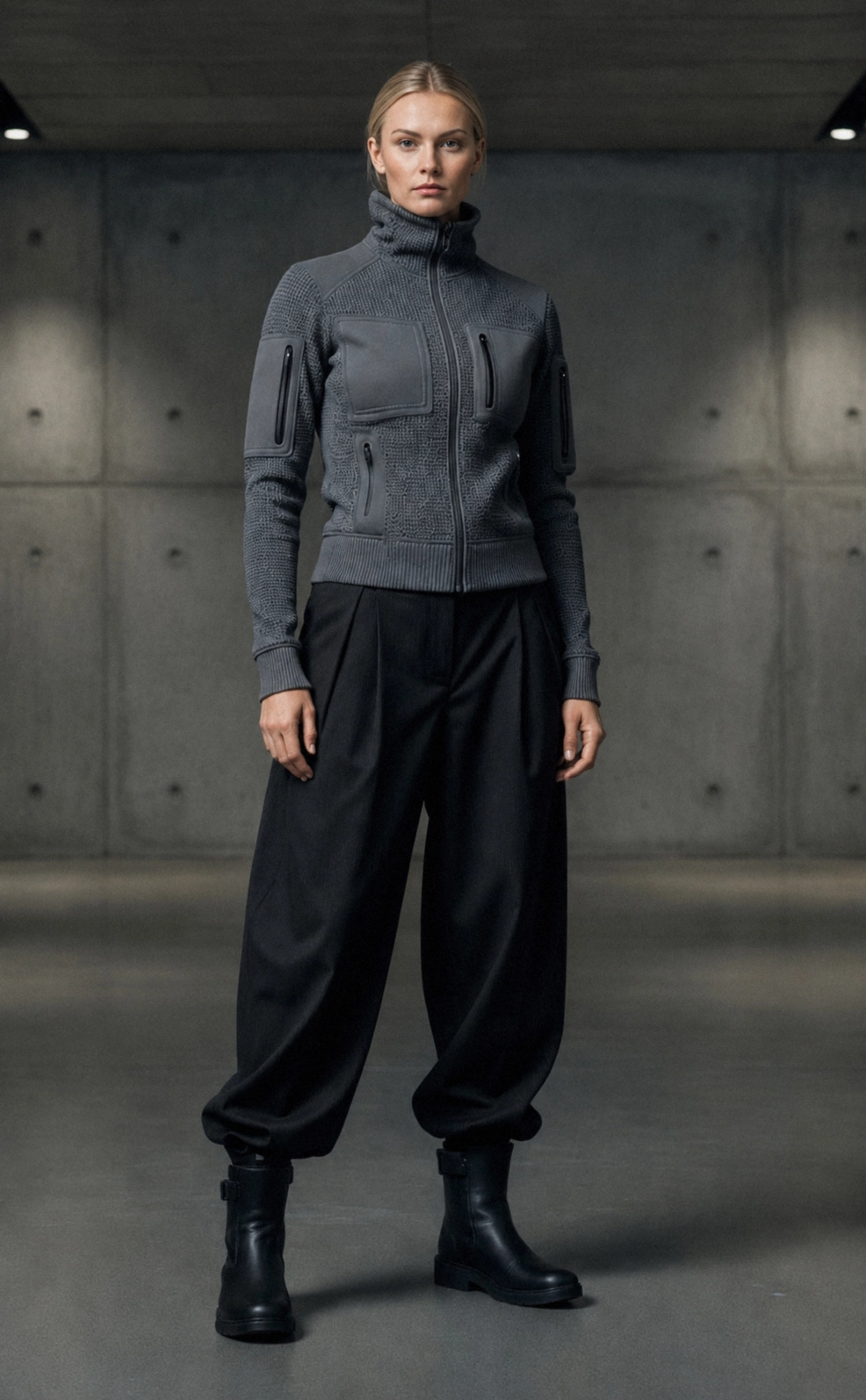 Swedish model wearing minimalist techwear bottoms and utilitarian knitwear top with functional pockets and minimal hardware. The photoshoot is in an underground parking garage (design language: brutalism)